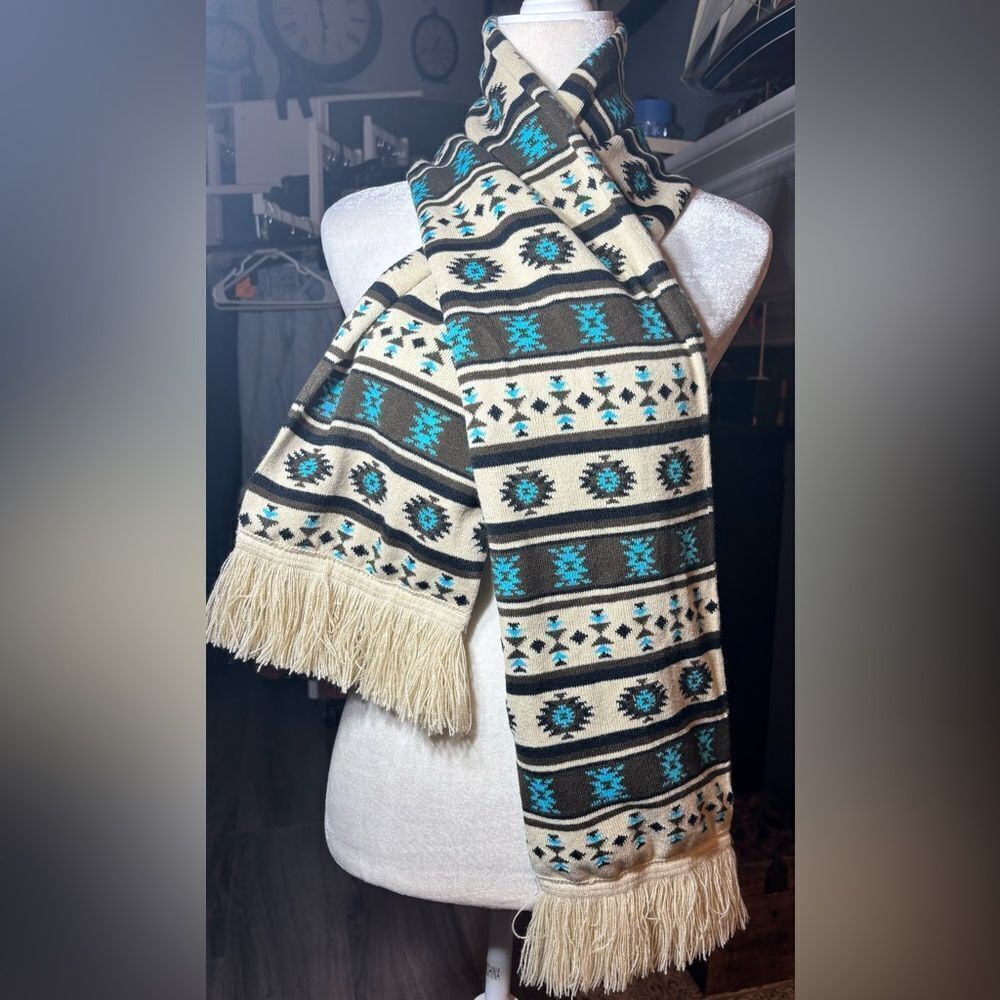 Aztec Inspired Geometric Design 100% Acrylic Scarf with Fringe EPC